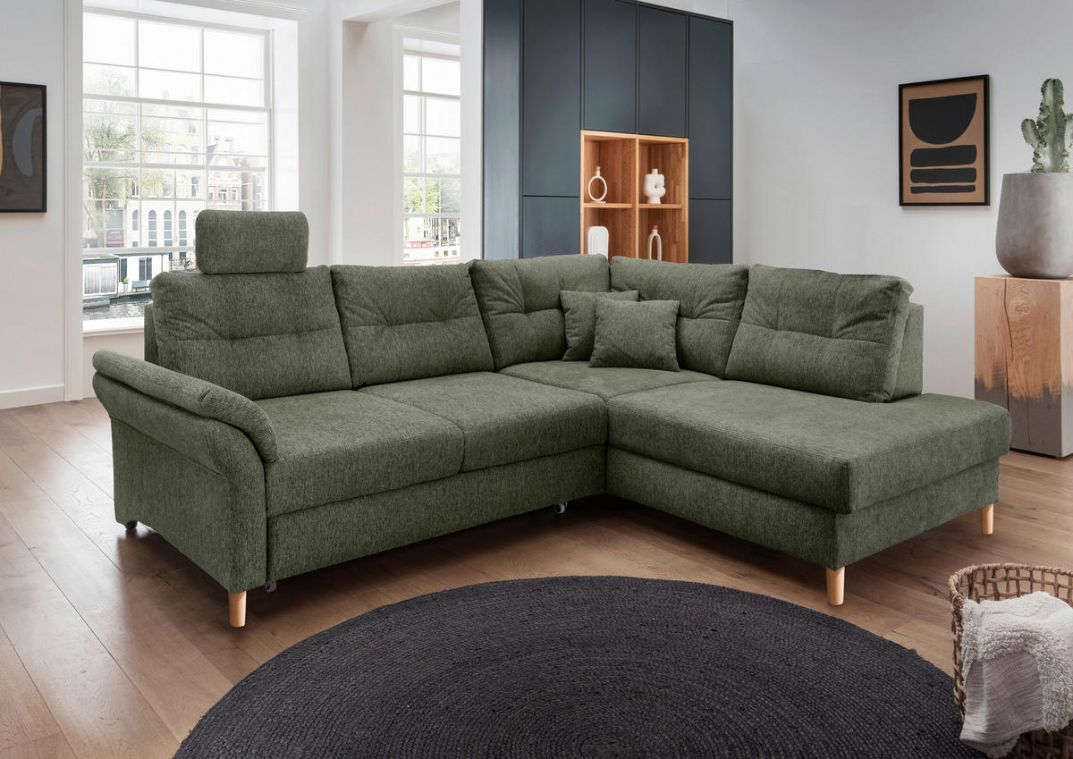 ECKSOFA in Chenille Dunkelgrün  - Dunkelgrün/Naturfarben, Modern, Holz/Textil (264/206cm) - Livetastic