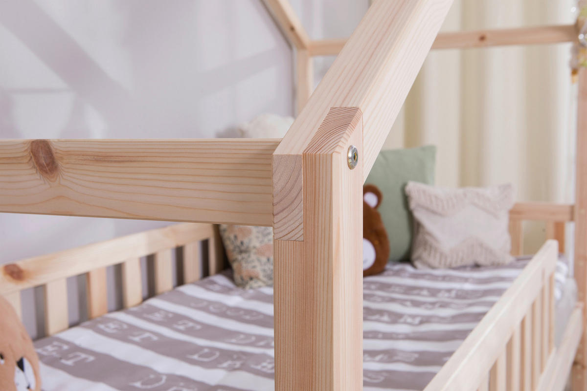 HAUSBETT 120/200 cm,  in Naturfarben, Absturzsicherung, Matratze, Rollrost, Bettkasten  - Weiß/Naturfarben, MODERN, Holz/Textil (120/200cm) - MID.YOU