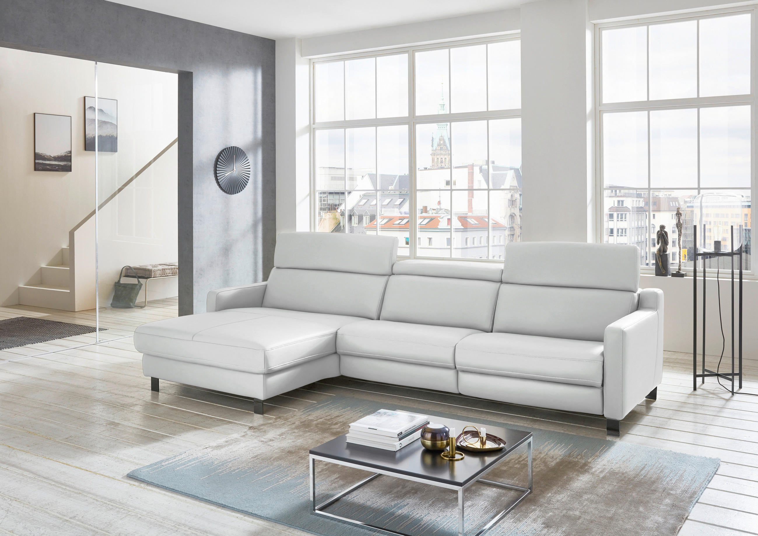 ECKSOFA in Echtleder Weiss  - Weiss/Schwarz, Design, Leder/Metall (176/291cm) - Valdera