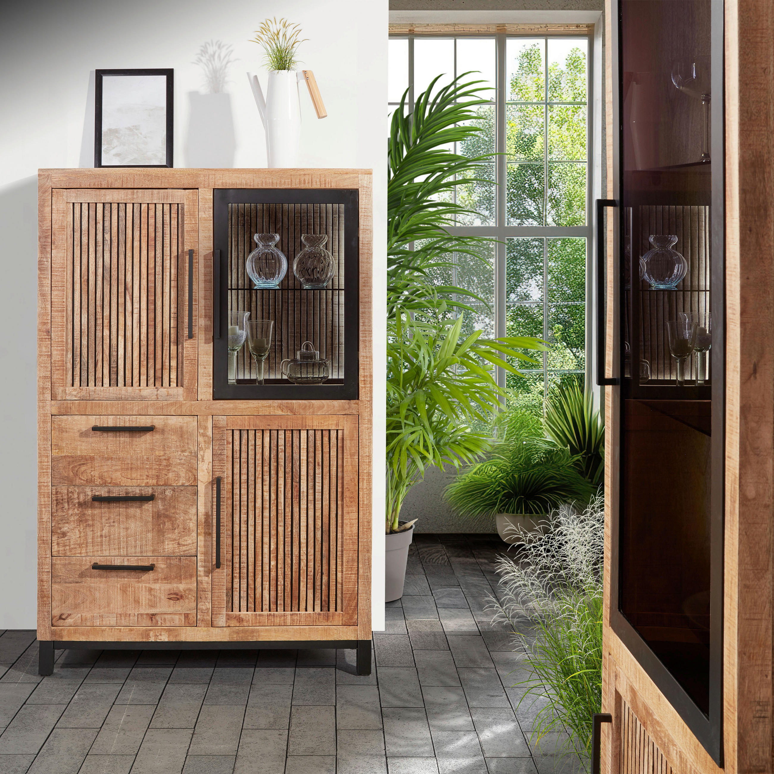 HIGHBOARD  in 95/145/43 cm  - Schwarz/Naturfarben, MODERN, Glas/Holz (95/145/43cm) - Livetastic