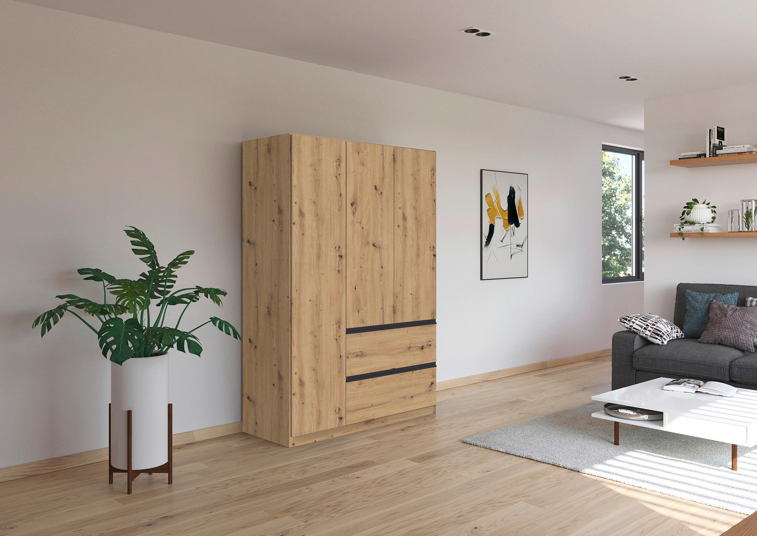 DREHTÜRENSCHRANK in - Eiche Artisan/Grau, MODERN, Holzwerkstoff (136/197/54cm) - Rauch Möbel