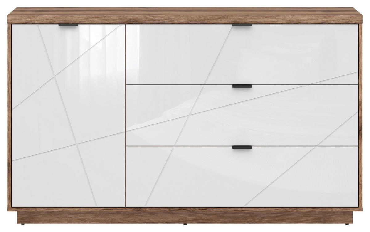 KOMODA, barve hrasta, bela, visoki sijaj  - črna/barve hrasta, Design, kovina/umetna masa (156/93/42,5cm) - Livetastic