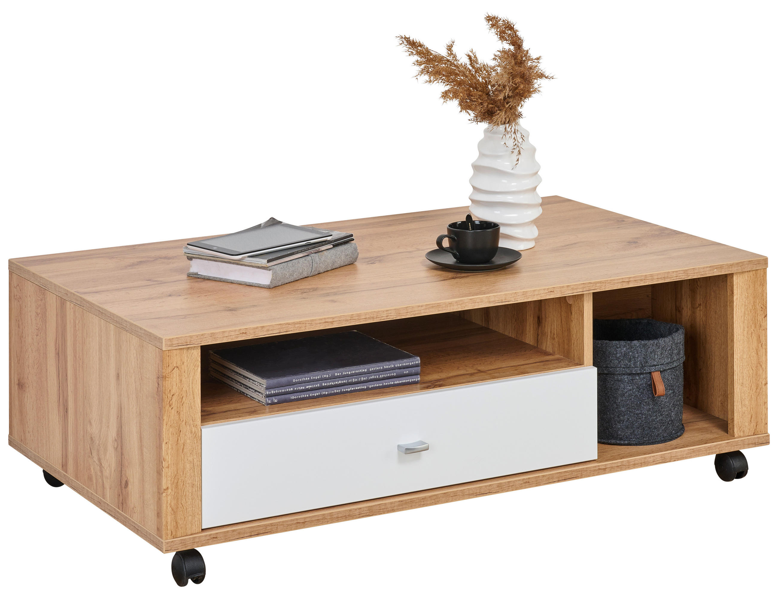 COUCHTISCH 110/65/41 cm rechteckig Weiß, Eichefarben  - Chromfarben/Eichefarben, KONVENTIONELL, Holzwerkstoff/Kunststoff (110/65/41cm) - Ti'me