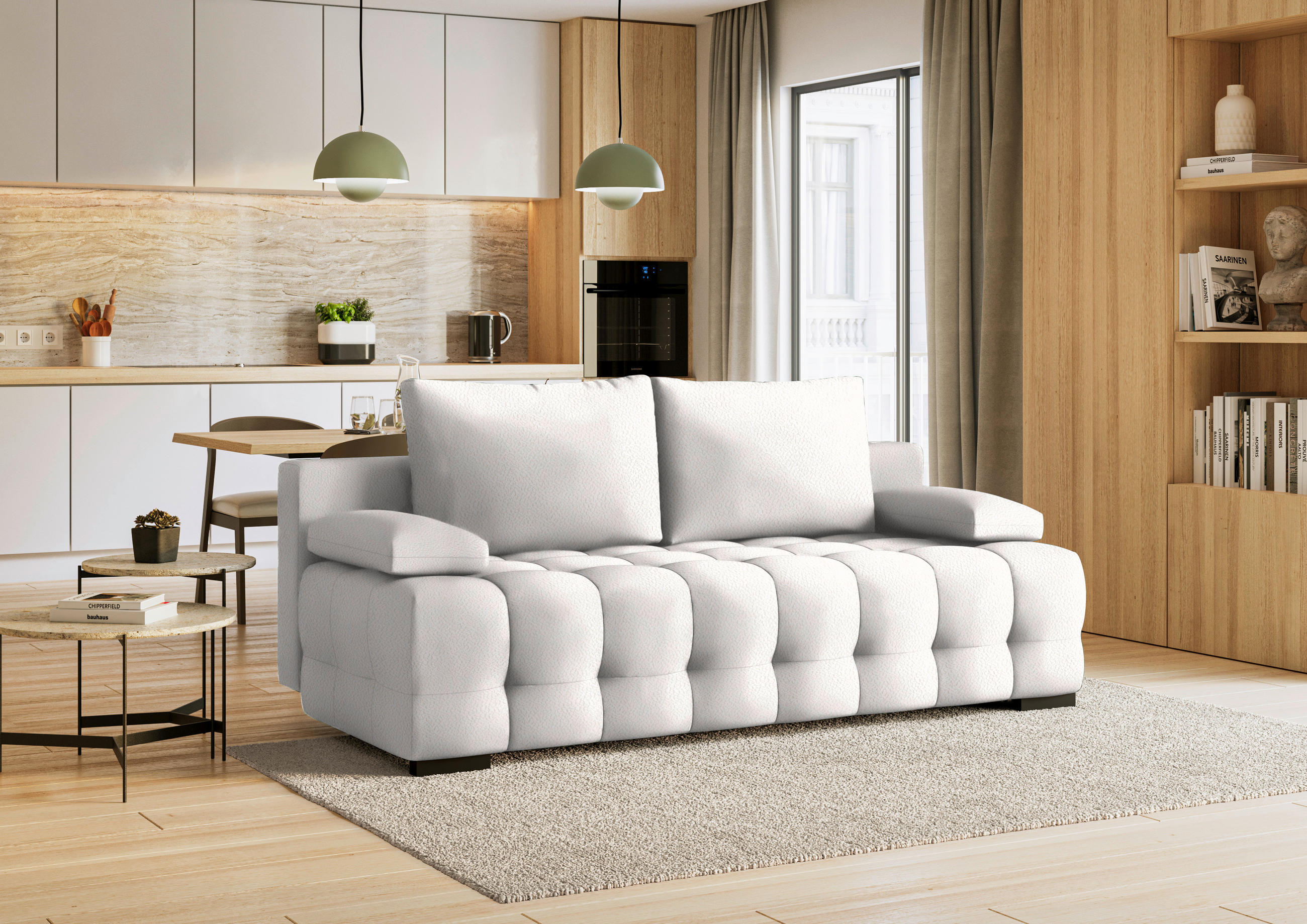 SCHLAFSOFA in Chenille, Plüsch Creme  - Creme/Schwarz, KONVENTIONELL, Kunststoff/Textil (209/96/100cm) - Stylife