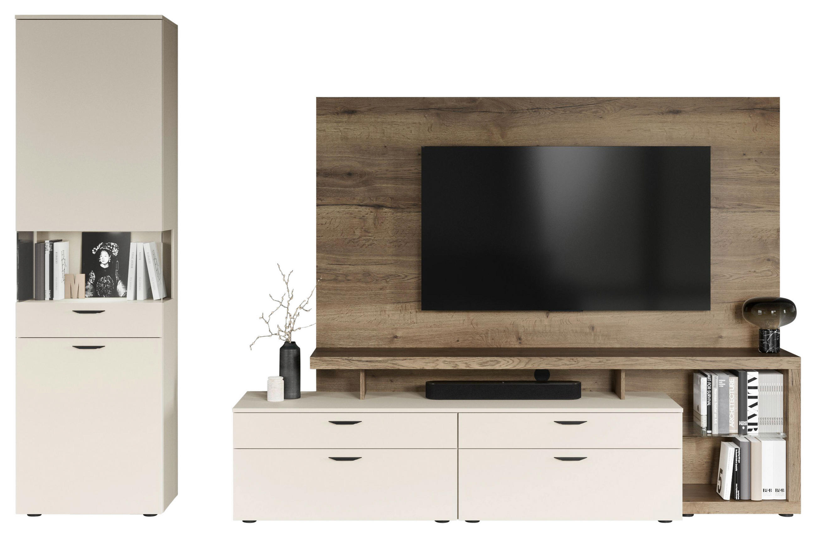 WOHNWAND  in Eichefarben, Sandfarben  300/205,2/58,5 cm    - Sandfarben/Eichefarben, Design, Glas/Holzwerkstoff (300/205,2/58,5cm) - Celina Home