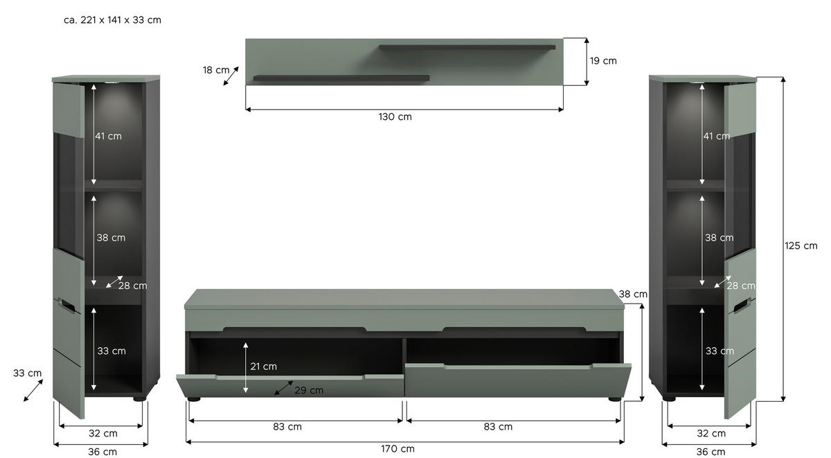 WOHNWAND 4-teilig  in Grau, Graugrün  272/141/33 cm  - Schwarz/Graugrün, Design, Holzwerkstoff/Kunststoff (272/141/33cm) - Livetastic