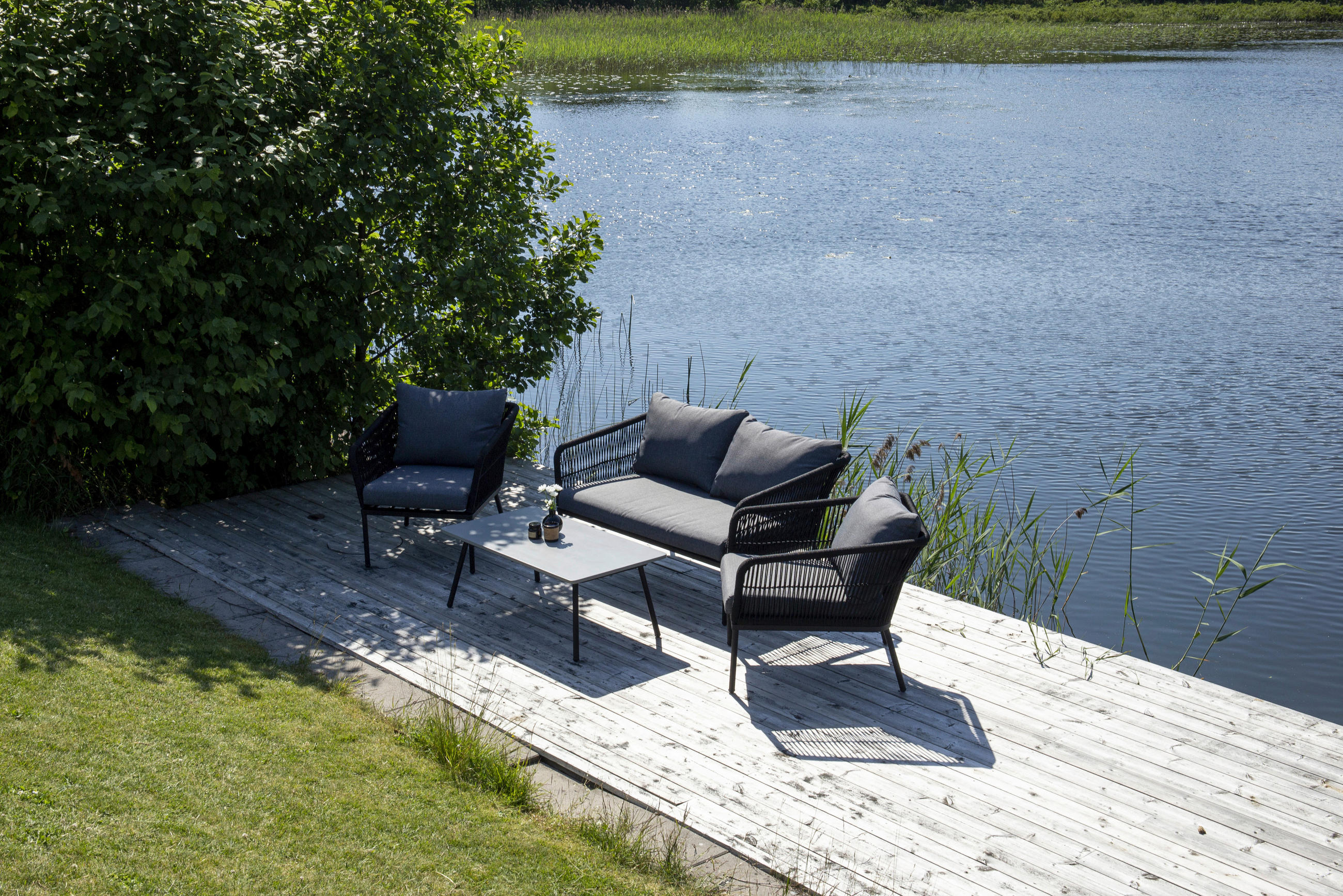LOUNGEGARNITUR Aluminium  - Schwarz/Grau, KONVENTIONELL, Kunststoff/Stein (134/69/80cm) - Gardenson