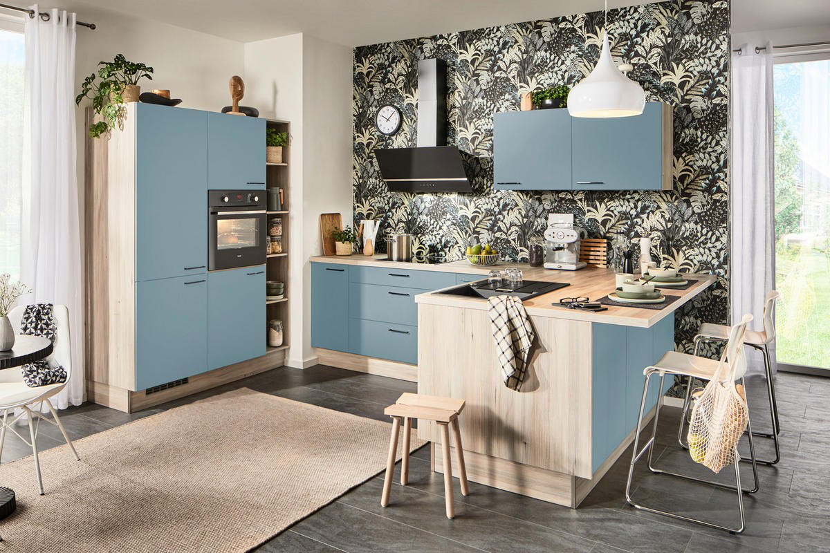 ECKKÜCHE  in Hellbraun, Pastellblau  - Hellbraun/Pastellblau, Design, Holzwerkstoff/Metall (150/280/192cm) - Xora