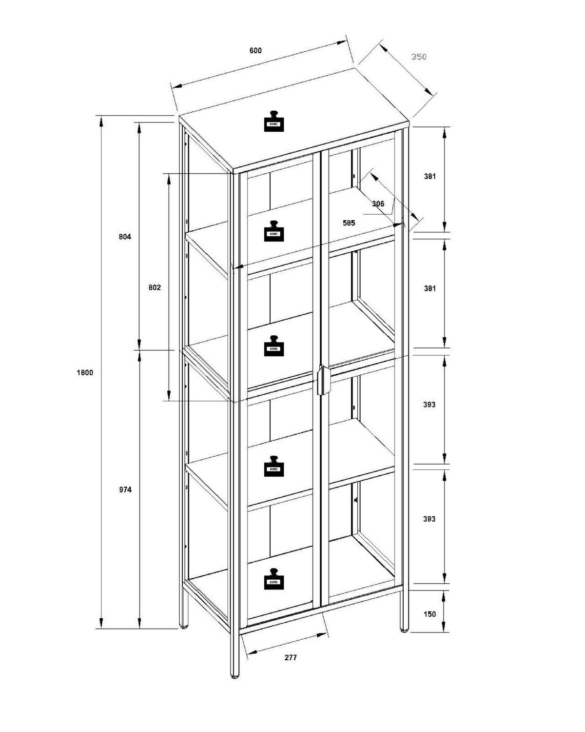 VITRINE in Schwarz  - Transparent/Schwarz, Design, Glas/Metall (60/180/35cm) - MID.YOU