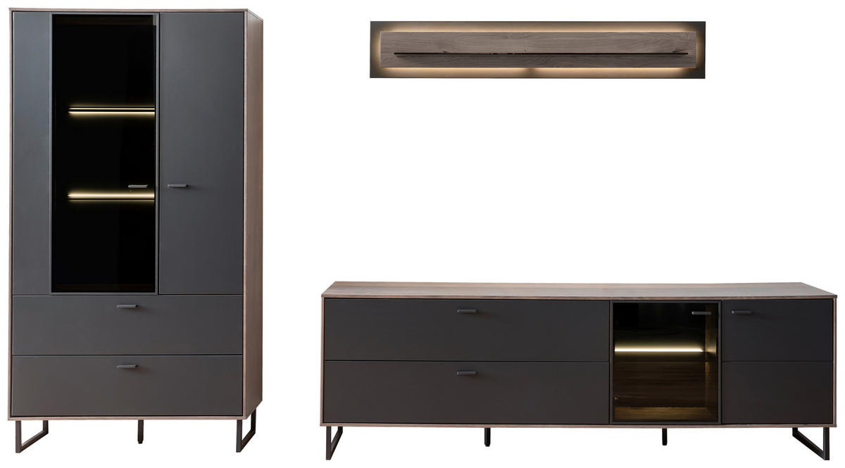 WOHNWAND  in Schwarz, Eichefarben  321/185/50 cm  - Eichefarben/Anthrazit, Design, Glas/Holz (321/185/50cm) - MID.YOU
