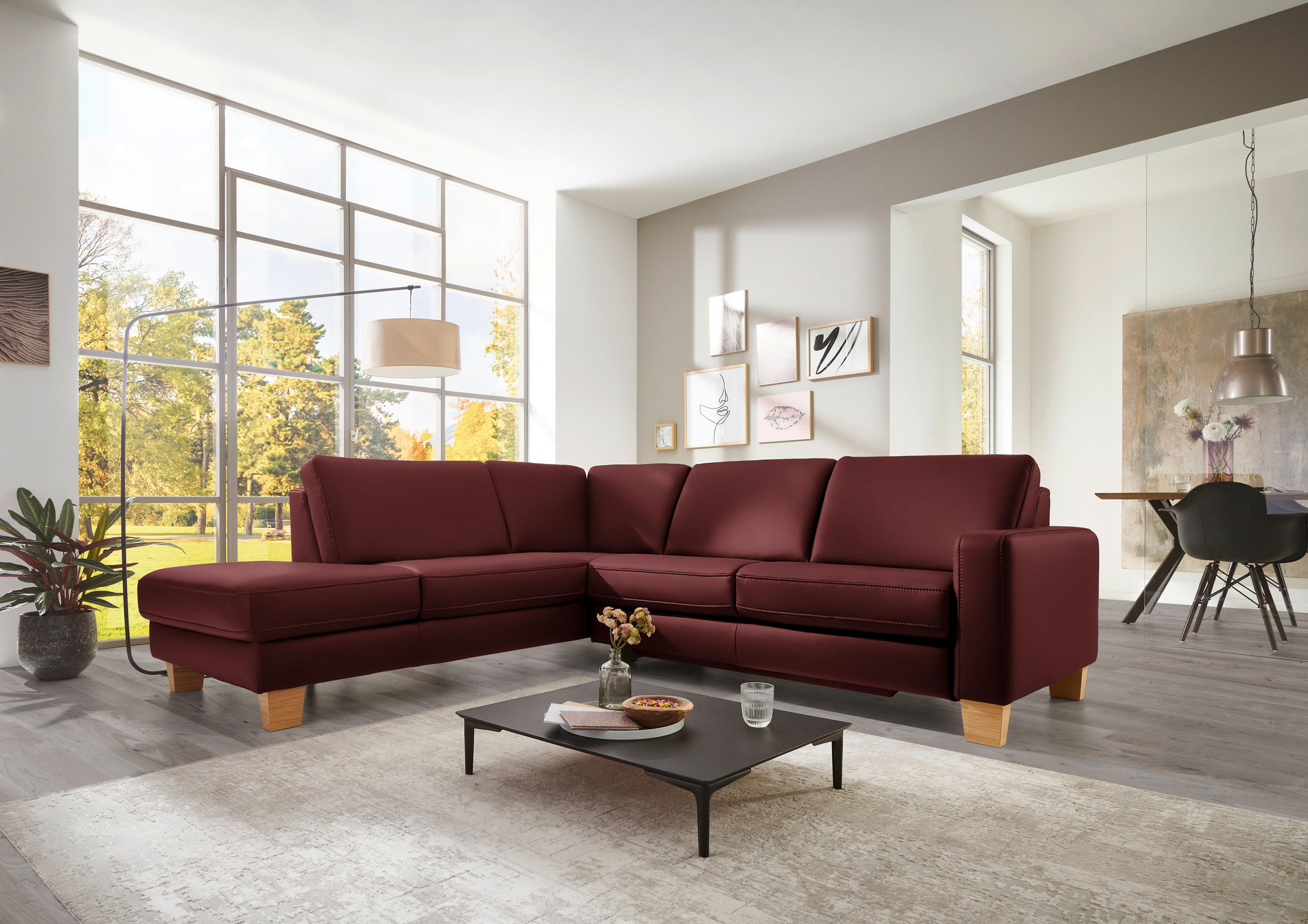 ECKSOFA in Echtleder Brombeere  - Eiche Bianco/Brombeere, Konventionell, Leder/Holz (235/257cm) - Valdera