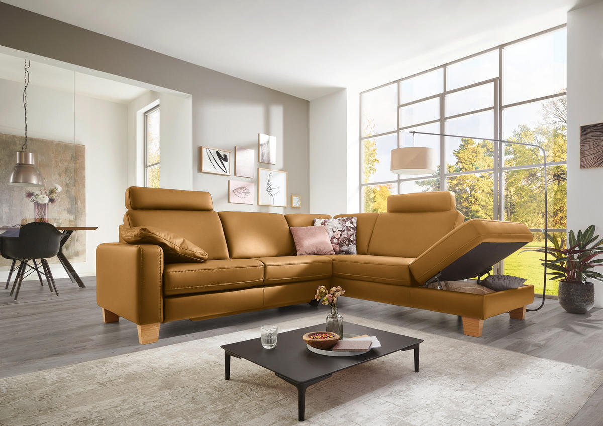 ECKSOFA in Echtleder Senfgelb  - Eiche Bianco/Senfgelb, Konventionell, Leder/Holz (257/235cm) - Valdera