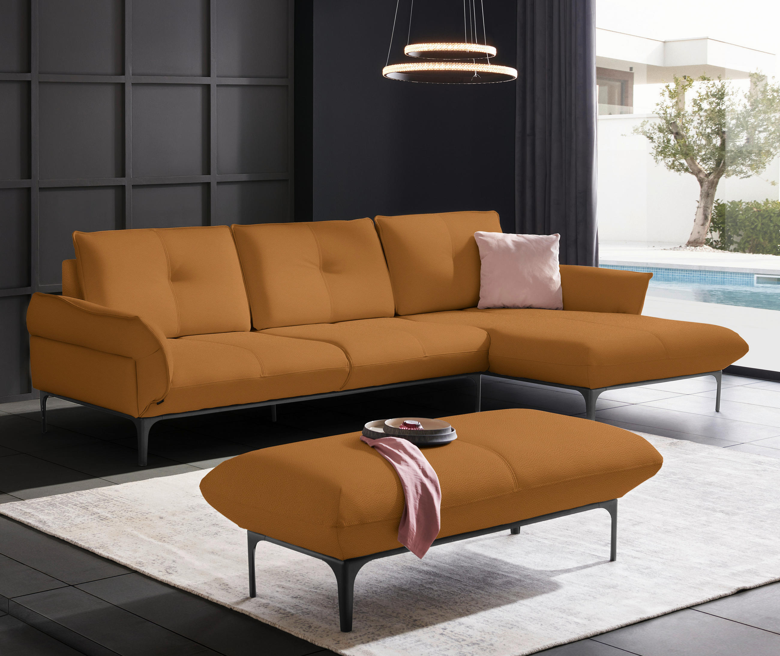 ECKSOFA in Echtleder Braun  - Schwarz/Braun, Design, Leder/Metall (319/182cm) - Valnatura