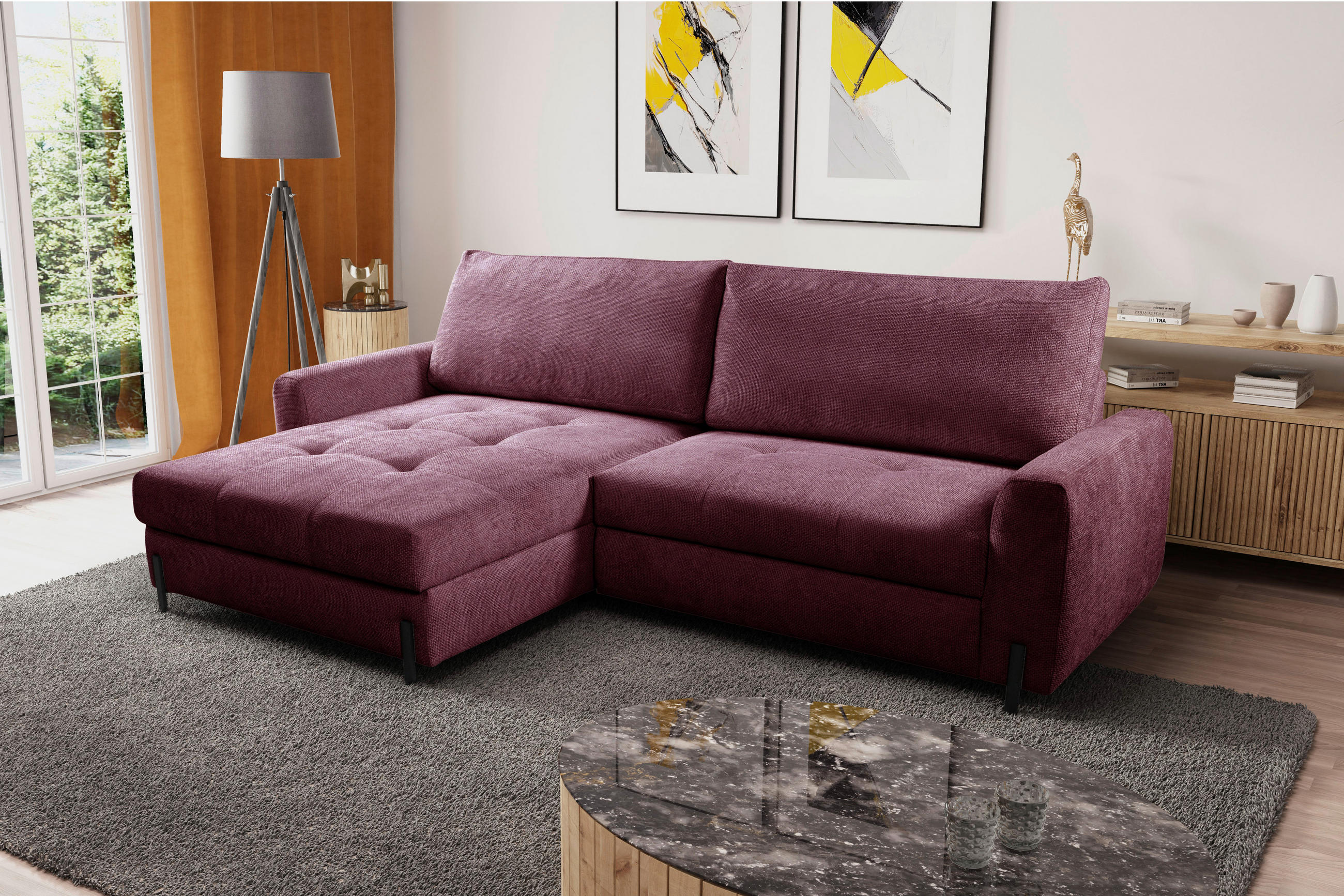 ECKSOFA in Struktur Bordeaux  - Bordeaux/Schwarz, Design, Textil/Metall (162/265cm) - MID.YOU