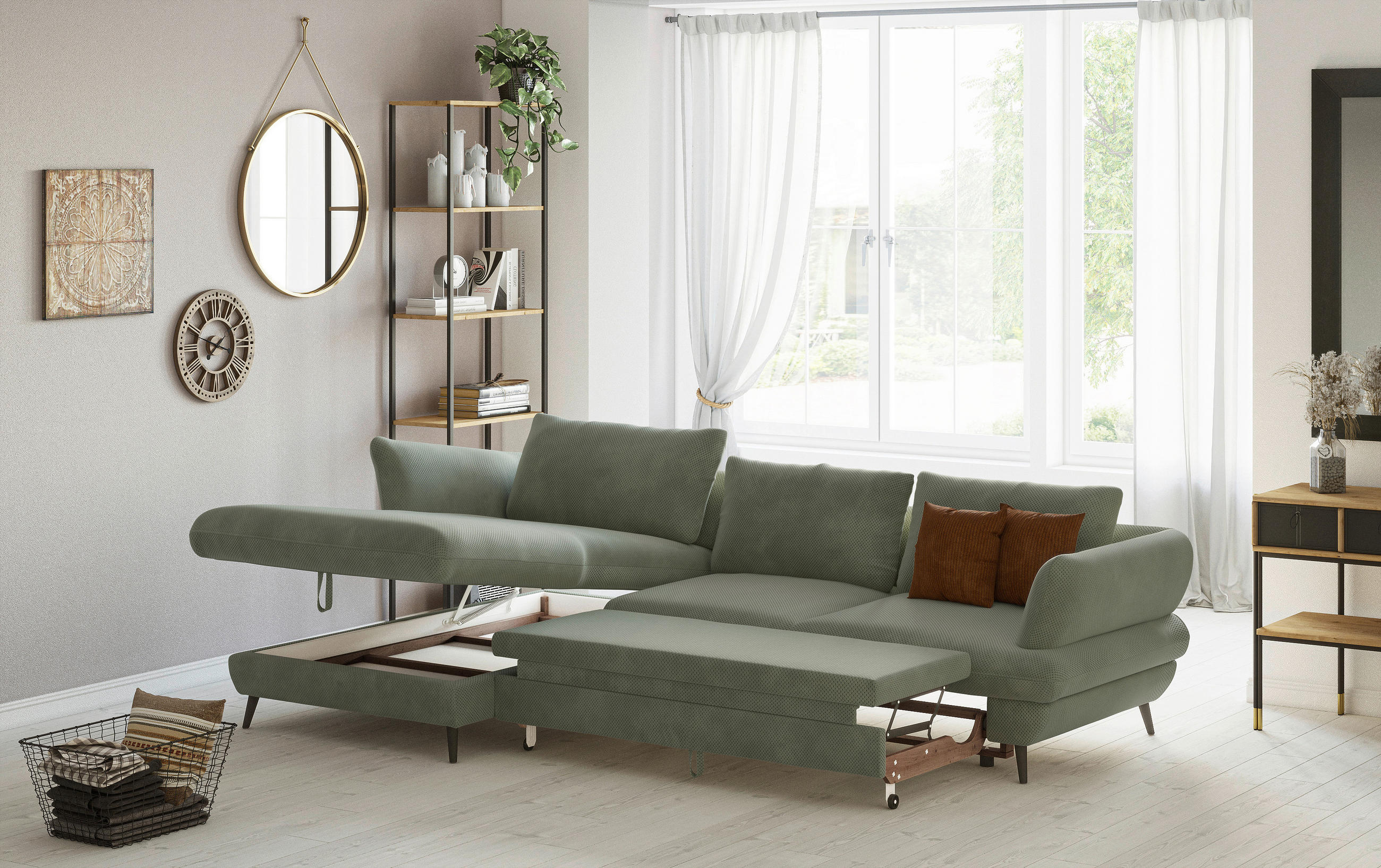 Thumbnail - Livetastic Wohnlandschaft, Grün, Textil, 3-Sitzer, Ottomane links, L-Form, 281x181 cm, Made in EU, Stoffauswahl, Rücken ...