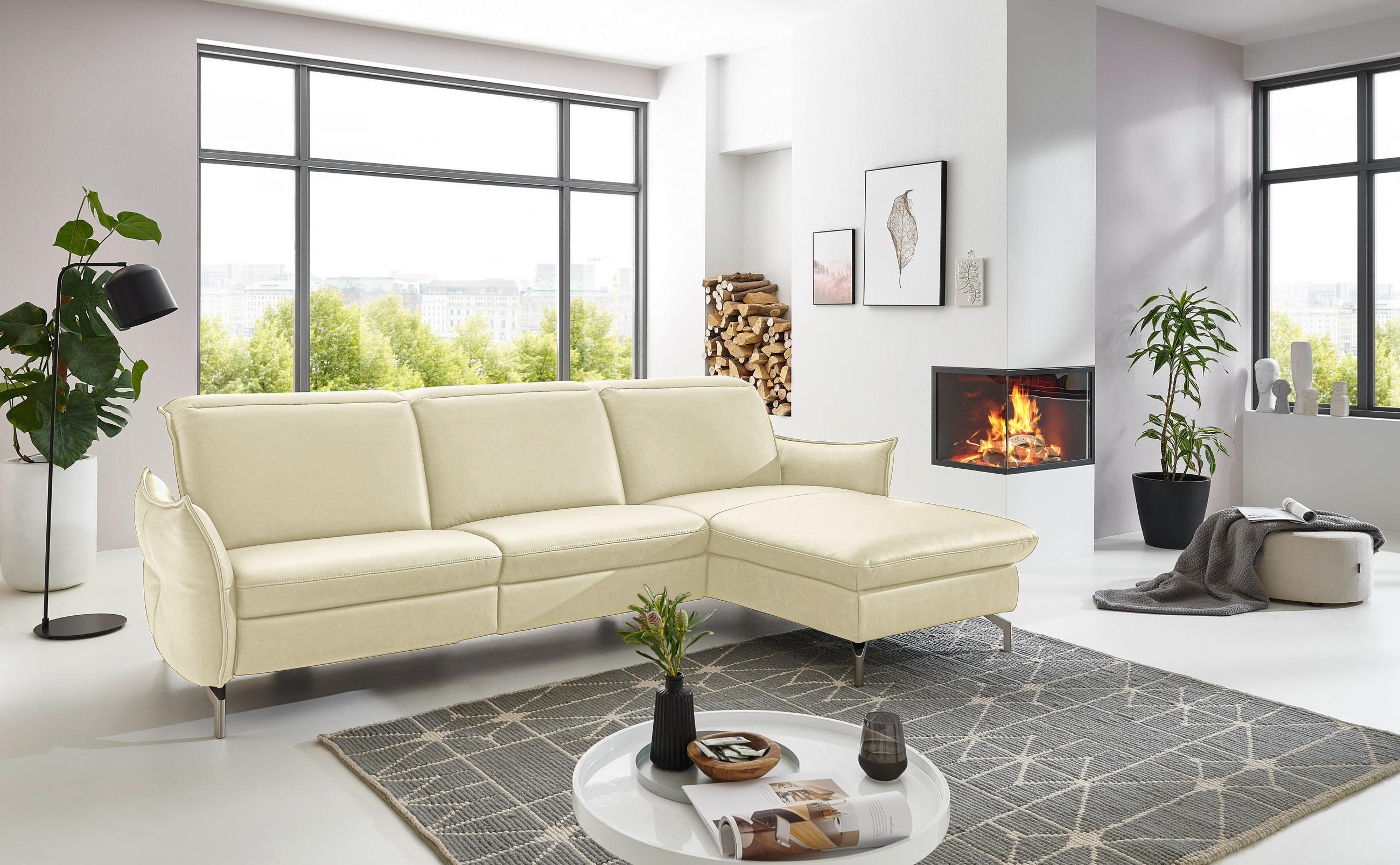 ECKSOFA in Echtleder Creme - Creme/Nickelfarben, Modern, Leder/Metall (233/179cm) - Livetastic