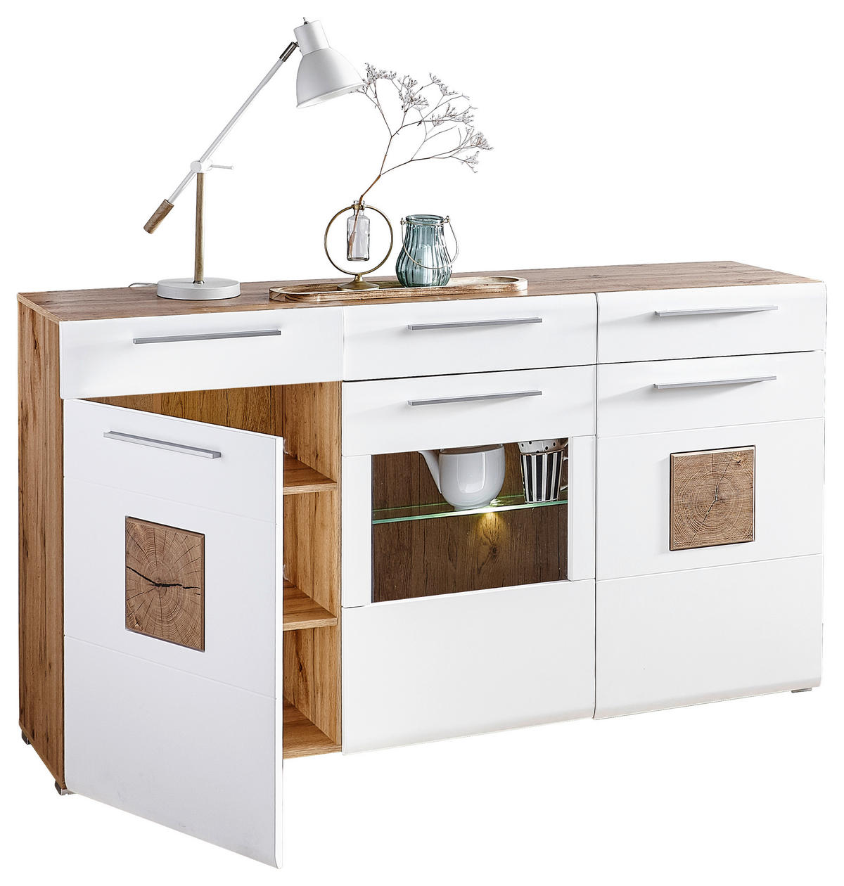 KOMODA S VRATIMA - boja hroma/boja hrasta, Konvencionalno, staklo/drvo (180/98/43cm) - Hom`in