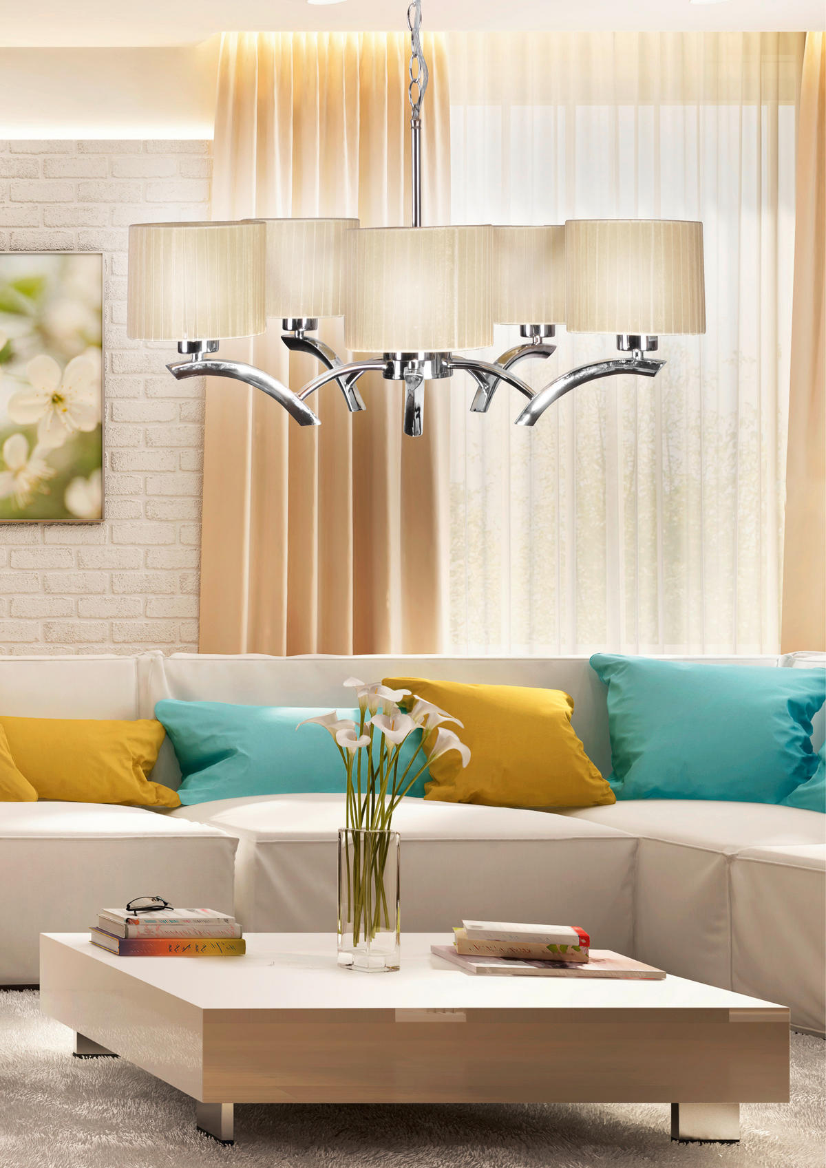 PENDELLEUCHTE Draga 58/58/95 cm   - Chromfarben/Creme, KONVENTIONELL, Textil/Metall (58/58/95cm)