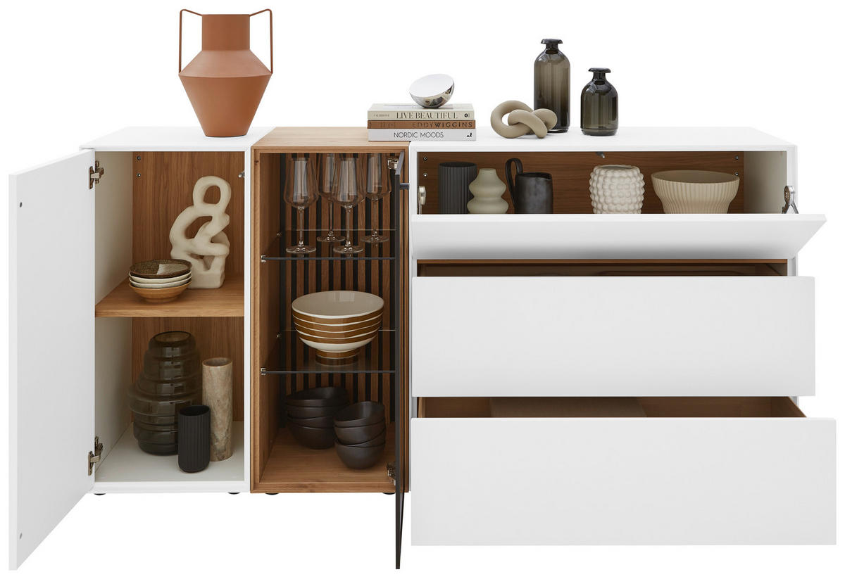 SIDEBOARD Weiß, Eichefarben  184/90/44 cm  - Eichefarben/Anthrazit, Design, Glas/Holz (184/90/44cm) - Johann Jakob