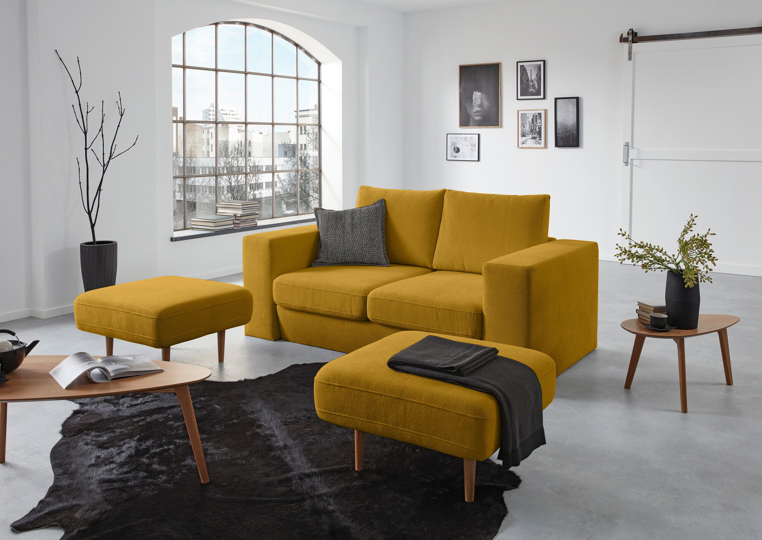 ZWEISITZER-SOFA inkl. Hocker in Webstoff Gelb - Gelb/Schwarz, Design, Kunststoff/Textil (172/96/107cm) - LOOKS by W.Joop
