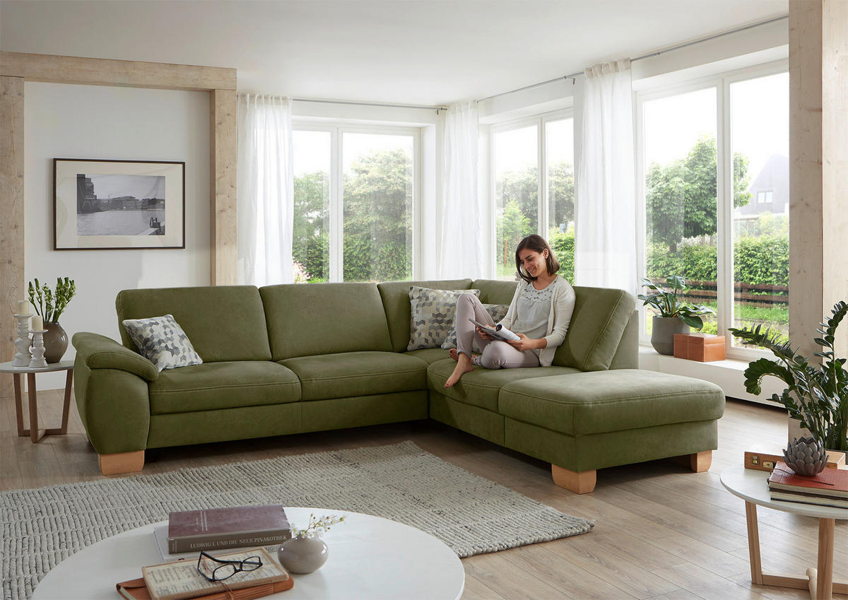 ECKSOFA in Mikrofaser Hellgrün  - Wildeiche/Beige, Natur, Holz/Textil (286/236cm) - Voleo