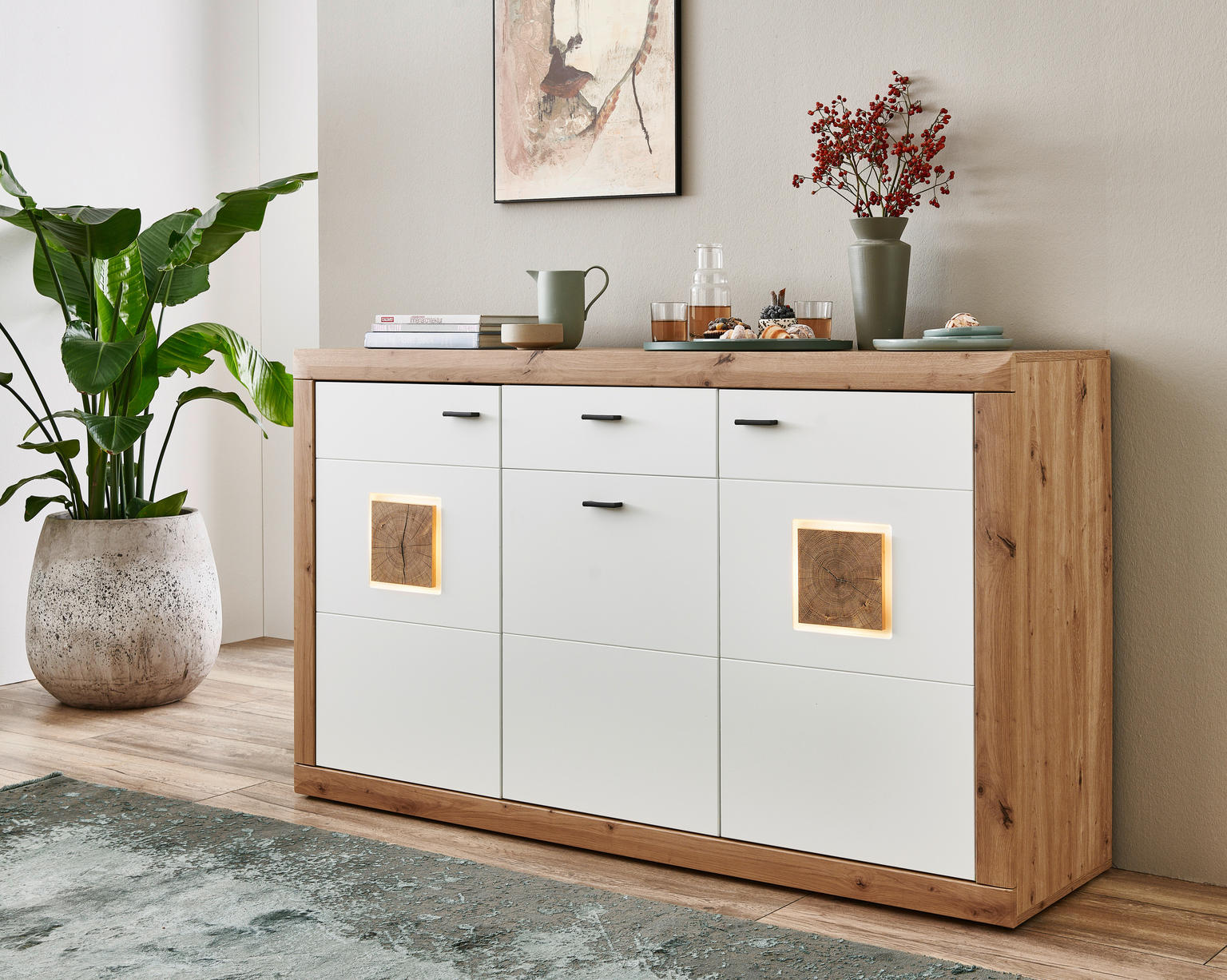 SIDEBOARD Weiß, Eiche Artisan Beleuchtung, Einlegeböden -Einrichtungsbeispiel