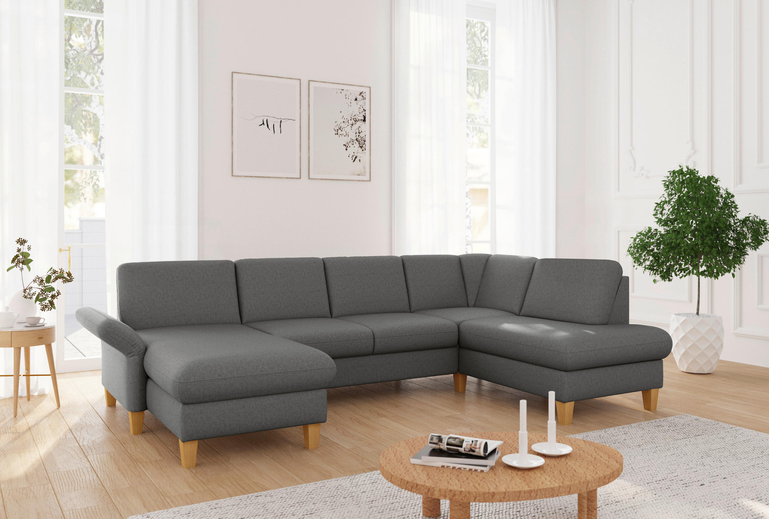 WOHNLANDSCHAFT Dunkelgrau Flachgewebe  - Eichefarben/Dunkelgrau, KONVENTIONELL, Holz/Textil (164/314/195cm) - Sit & More