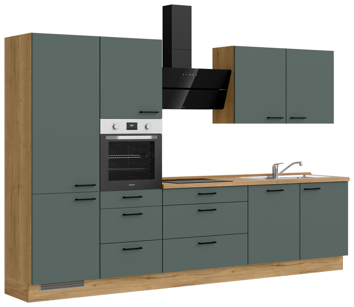 KÜCHENBLOCK 330 cm   in Eichefarben, Dunkelgrün  - Dunkelgrün/Eichefarben, MODERN, Holzwerkstoff/Metall (330cm) - Nobilia