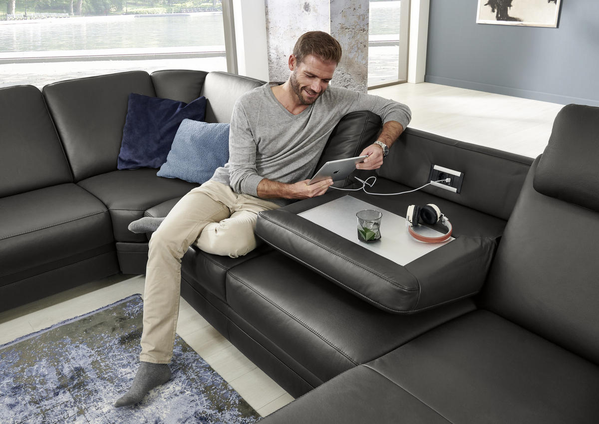 WOHNLANDSCHAFT in Echtleder Anthrazit  - Anthrazit/Alufarben, Konventionell, Leder/Metall (239/329/165cm) - Beldomo Premium