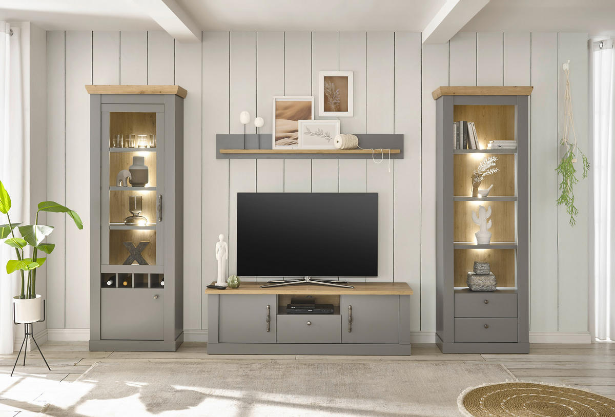 WOHNWAND 4-teilig  in Eichefarben, Hellgrau  317/201/44 cm  - Eichefarben/Silberfarben, Design, Holzwerkstoff/Metall (317/201/44cm) - MID.YOU