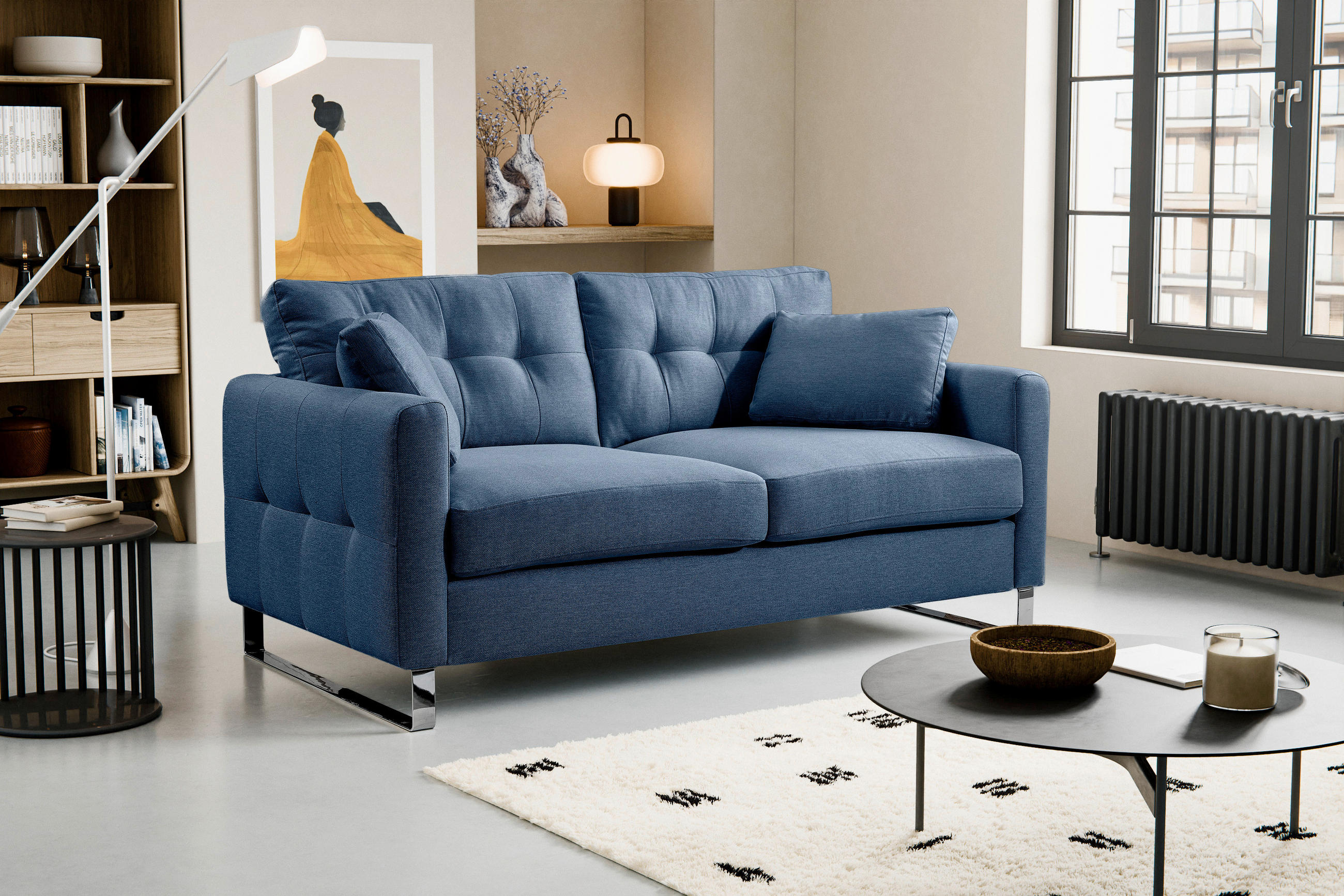 2-SITZER-SOFA HERA Flachgewebe Dunkelblau  - Chromfarben/Dunkelblau, Basics, Textil/Metall (172/94cm) - MID.YOU