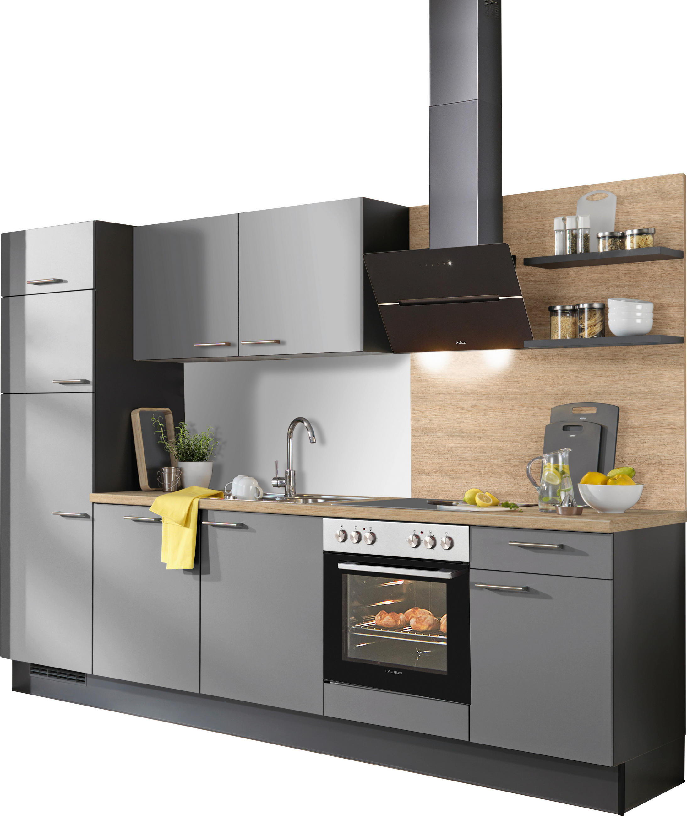 KÜCHENBLOCK 290 cm   in Graphitfarben, Grau, Eichefarben  - Edelstahlfarben/Eichefarben, Design, Holzwerkstoff/Metall (290cm) - Xora