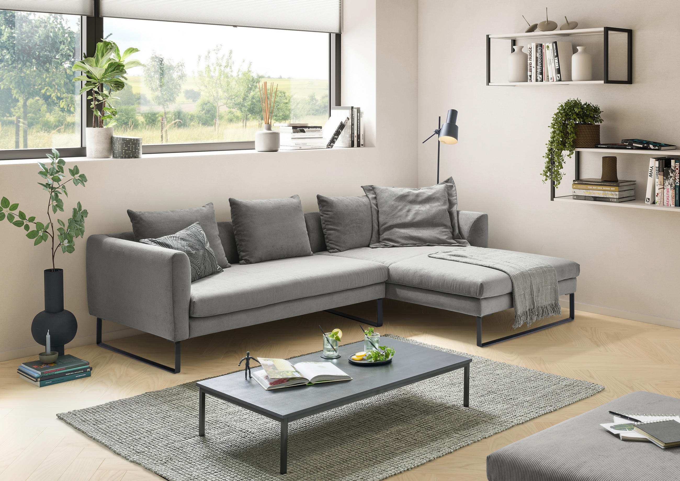 ECKSOFA Dunkelgrau Cord  - Dunkelgrau/Schwarz, KONVENTIONELL, Textil/Metall (284/178cm) - Hom`in