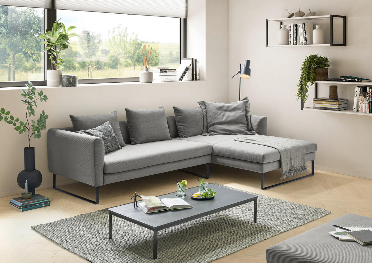 ECKSOFA Dunkelgrau Cord  - Dunkelgrau/Schwarz, KONVENTIONELL, Textil/Metall (284/178cm) - Hom`in