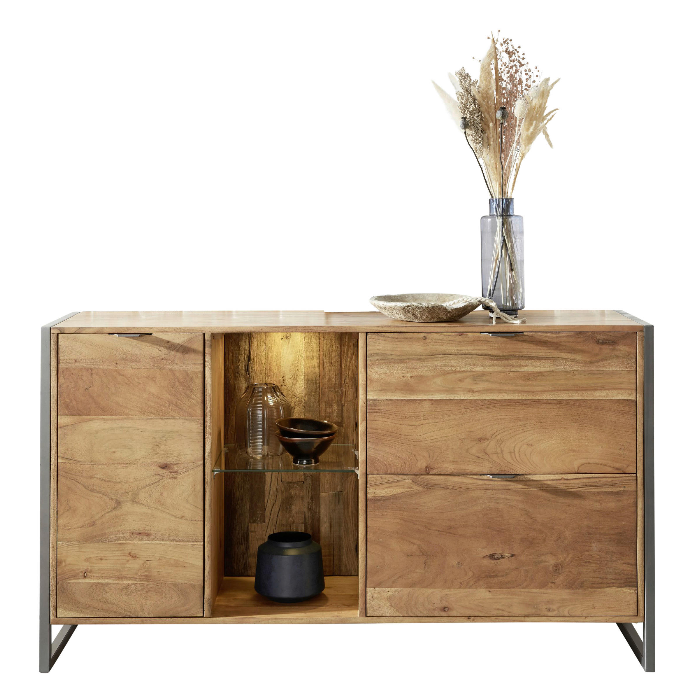 SIDEBOARD Akazie vollmassiv Akaziefarben Beleuchtung, Trafo - Anthrazit/Akaziefarben, Basics, Glas/Holz (160/80/40cm) - Livetastic