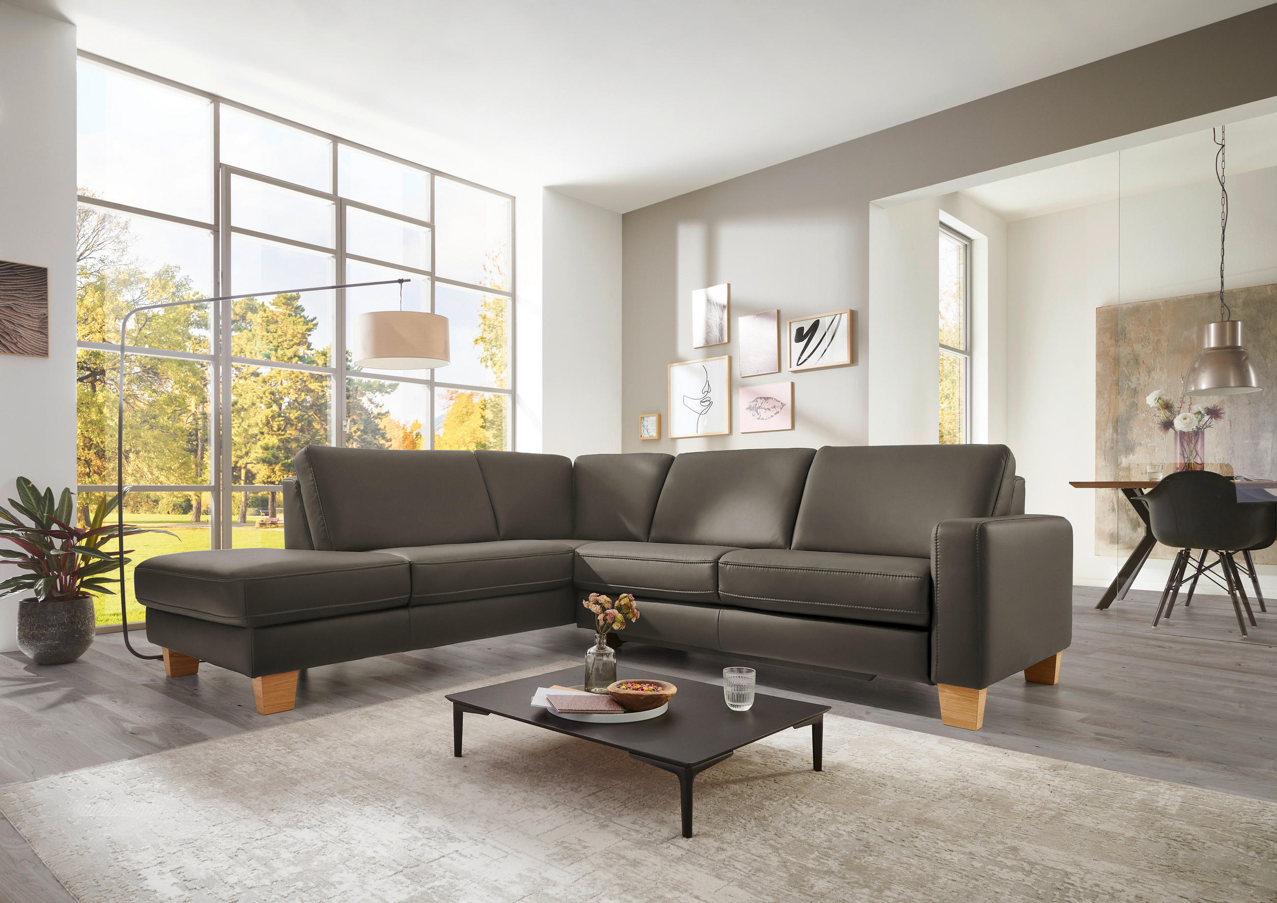 ECKSOFA in Echtleder Graubraun  - Eiche Bianco/Graubraun, Natur, Leder/Holz (235/257cm) - Valdera