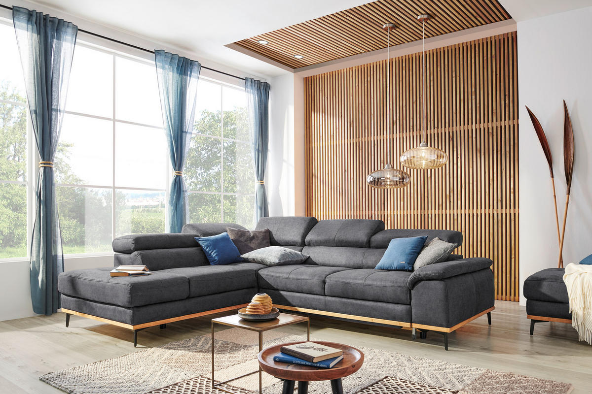 ECKSOFA Grau Webstoff  - Schwarz/Grau, Natur, Holz/Textil (226/282cm) - Novel