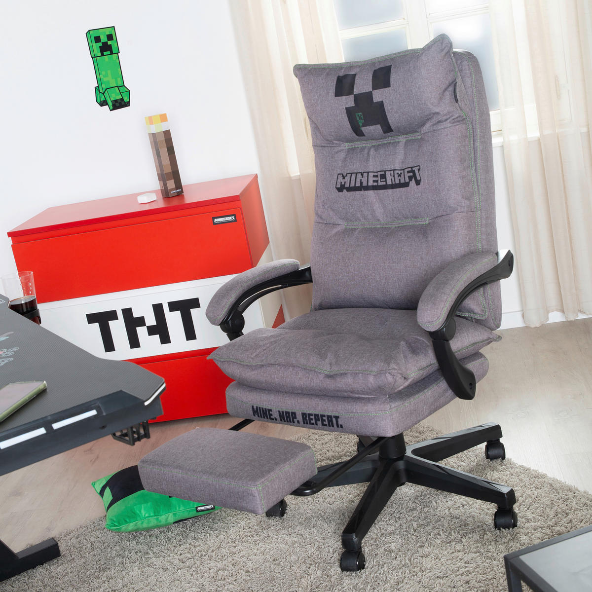 GAMING STOL umetna masa, tekstil siva  - siva, Moderno, umetna masa/tekstil (80,5/116/124/70,5cm) - Minecraft