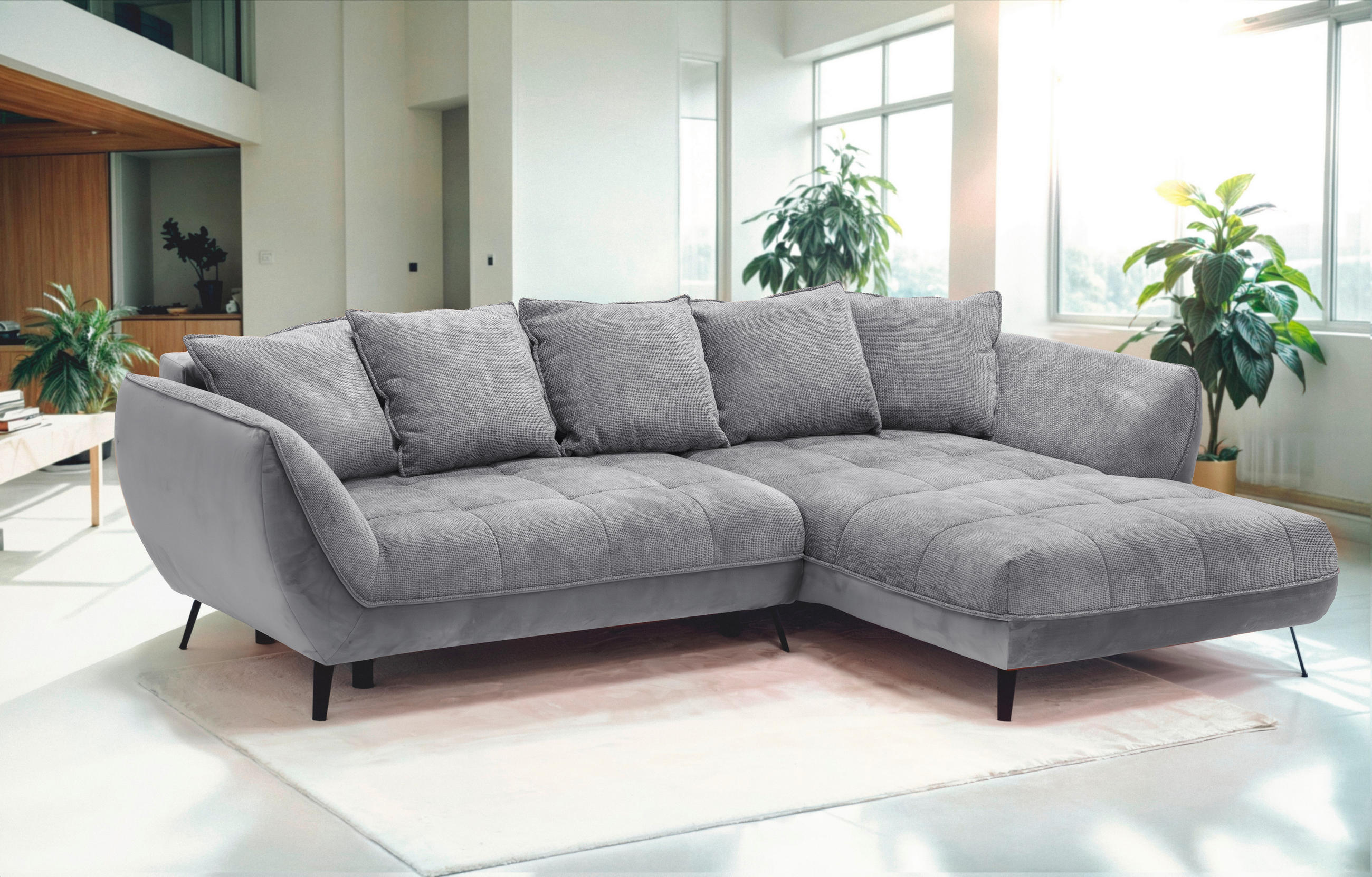 ECKSOFA in Struktur Grau, Hellgrau  - Hellgrau/Schwarz, Design, Textil/Metall (282/187cm) - Livetastic