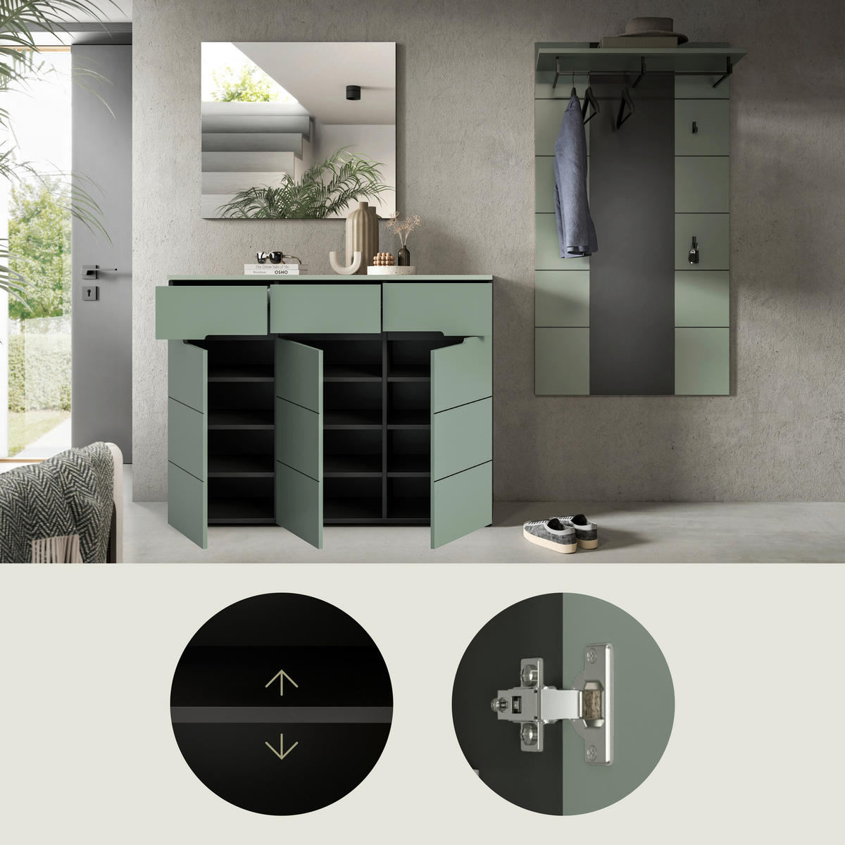 ŠATNA, 215/190/37 cm - šedá/šedozelená, Design, kompozitní dřevo (215/190/37cm) - Livetastic