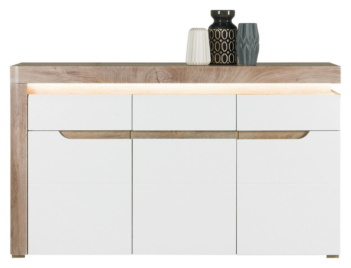 KOMODA, barve hrasta, bela, visoki sijaj  - srebrne barve/barve hrasta, Basics, les (152/89/39cm) - Hom`in