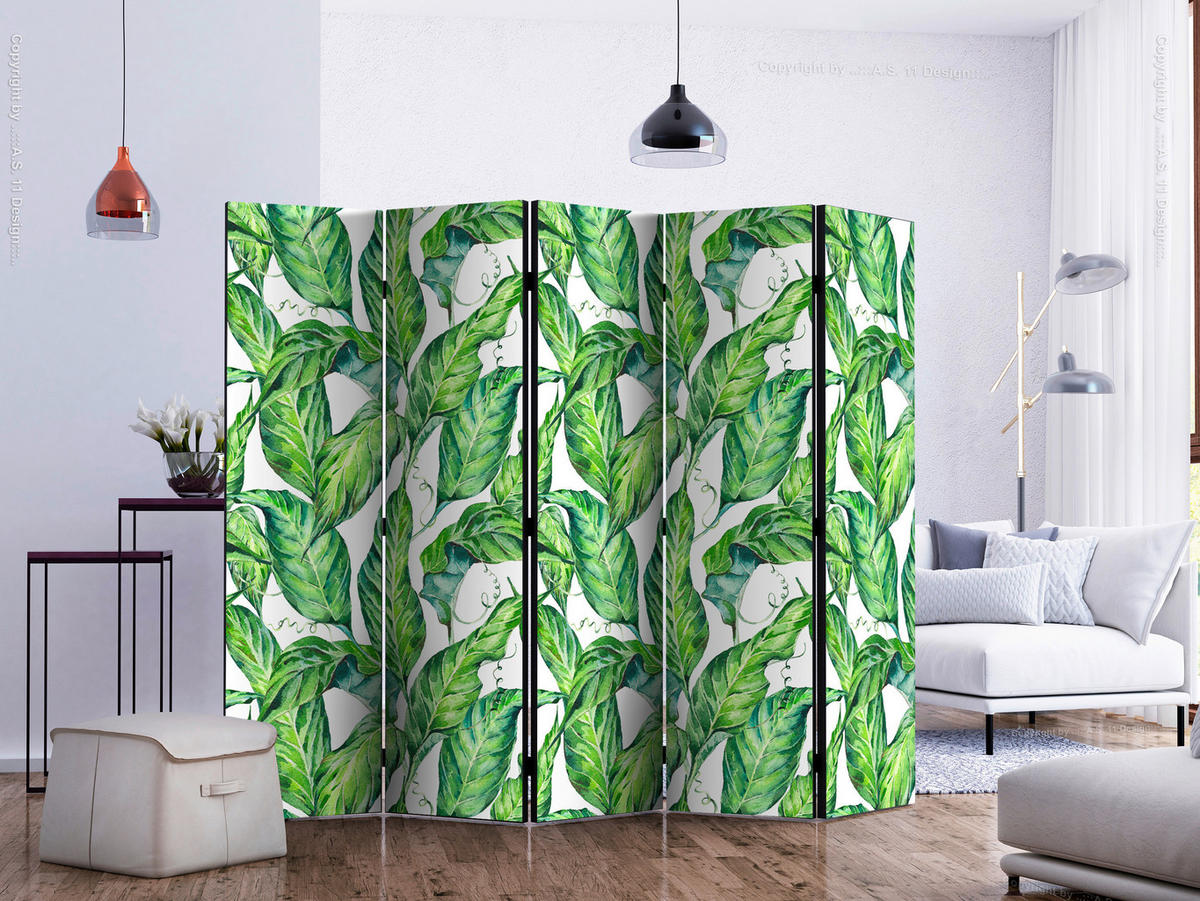 PARAVENT mit 5  Flügel - Weiß/Hellgrün, Basics, Holz/Textil (225cm) - artgeist