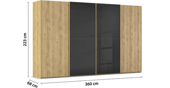 SCHWEBETÜRENSCHRANK 360/223/68 cm 4-türig Schwarz, Eichefarben  - Eichefarben/Schwarz, Design, Glas/Holz (360/223/68cm) - Novel