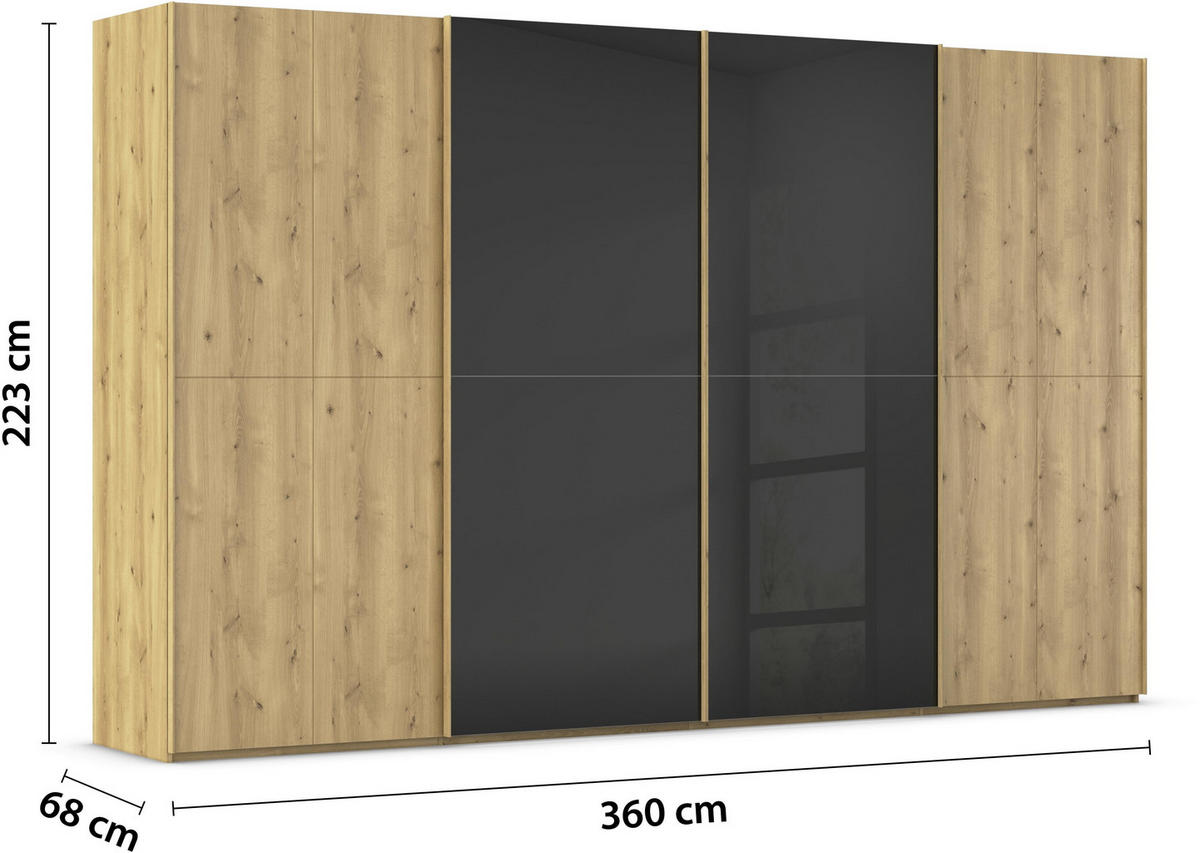 SCHWEBETÜRENSCHRANK 360/223/68 cm 4-türig Schwarz, Eichefarben  - Eichefarben/Schwarz, Design, Glas/Holz (360/223/68cm) - Novel