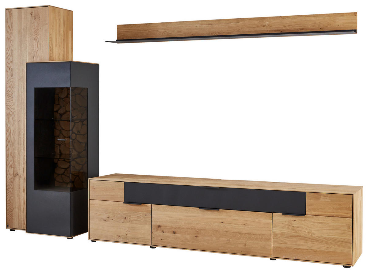 WOHNWAND  in Schwarz, Eichefarben  299,3/195,9/45,2 cm  - Eichefarben/Schwarz, Design, Glas/Holz (299,3/195,9/45,2cm) - Valdera