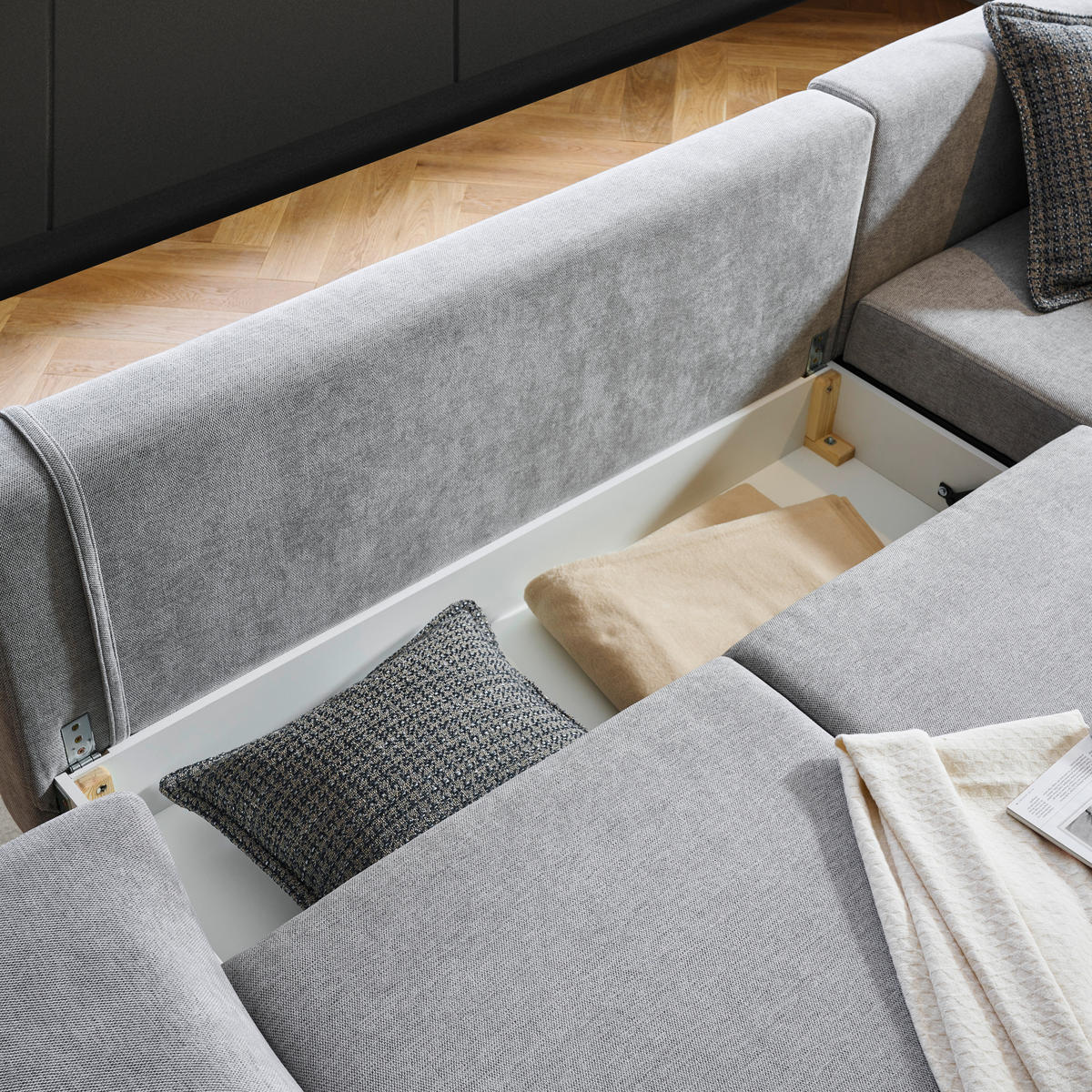 ECKSOFA inkl. Funktionen Hellgrau Webstoff Rückenkissen, Bettkasten, Schlaffunktion, Rücken echt  - Wengefarben/Hellgrau, Design, Holz/Textil (314/211cm) - Stylife