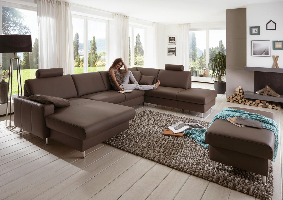 WOHNLANDSCHAFT in Echtleder Dunkelbraun  - Dunkelbraun/Alufarben, Design, Leder/Metall (165/338/233cm) - Beldomo Premium
