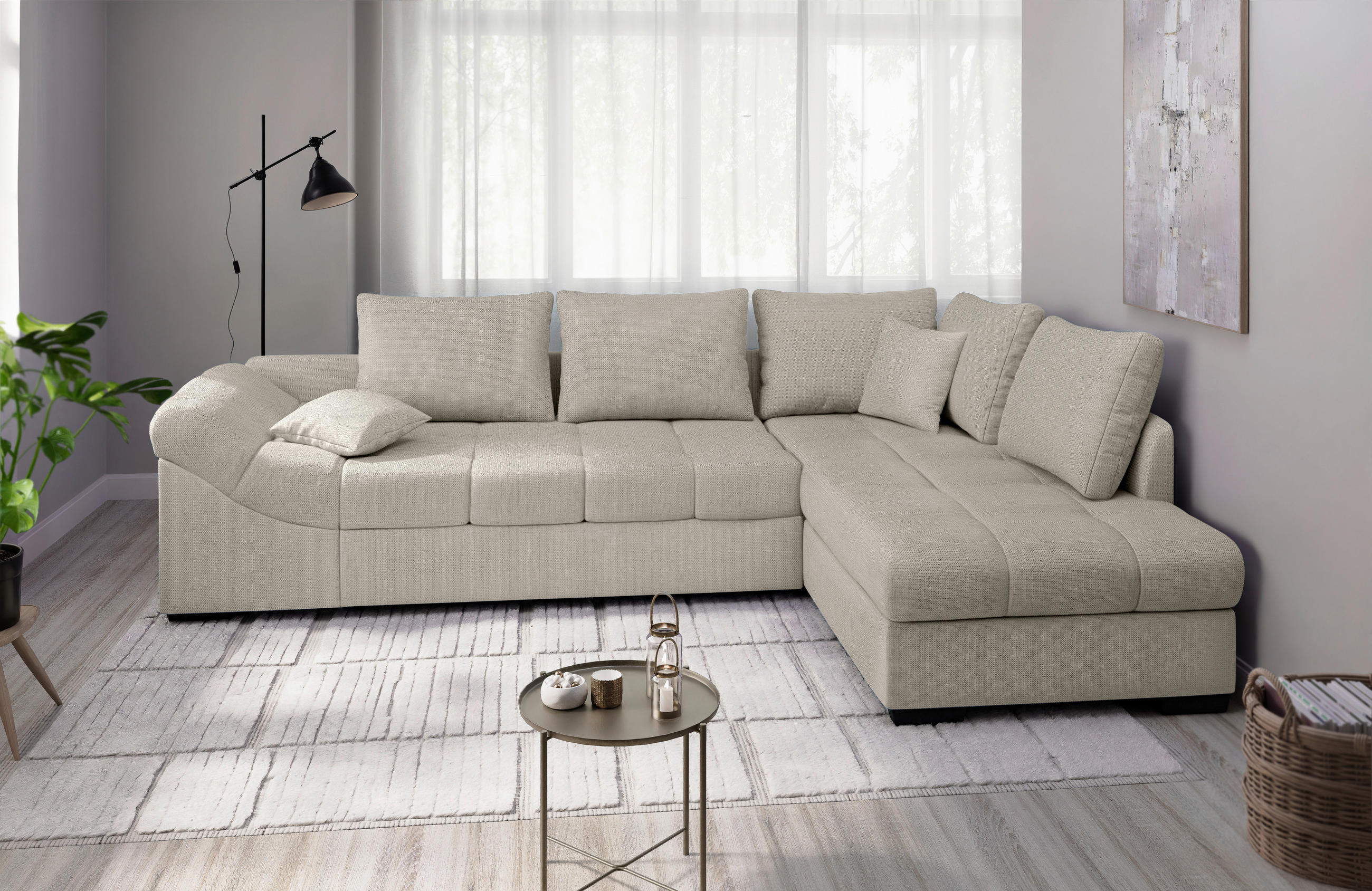 ECKSCHLAFSOFA in Beige Textil   - Beige/Schwarz, Modern, Holz/Textil (298/202cm) - MID.YOU