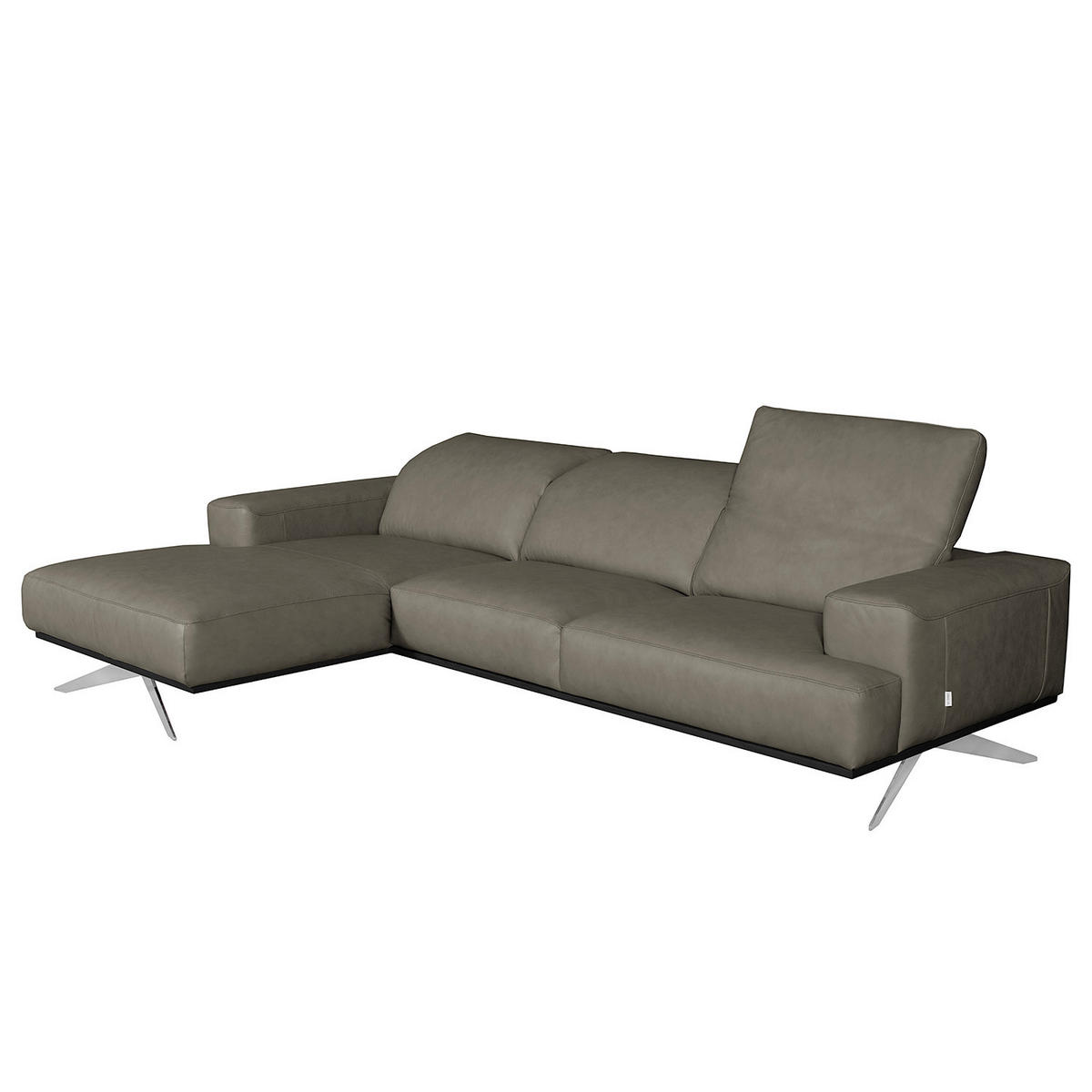ECKSOFA Grau Echtleder Rücken echt, Kopfteilverstellung  - Chromfarben/Grau, Design, Leder/Metall (187/295cm) - Livetastic