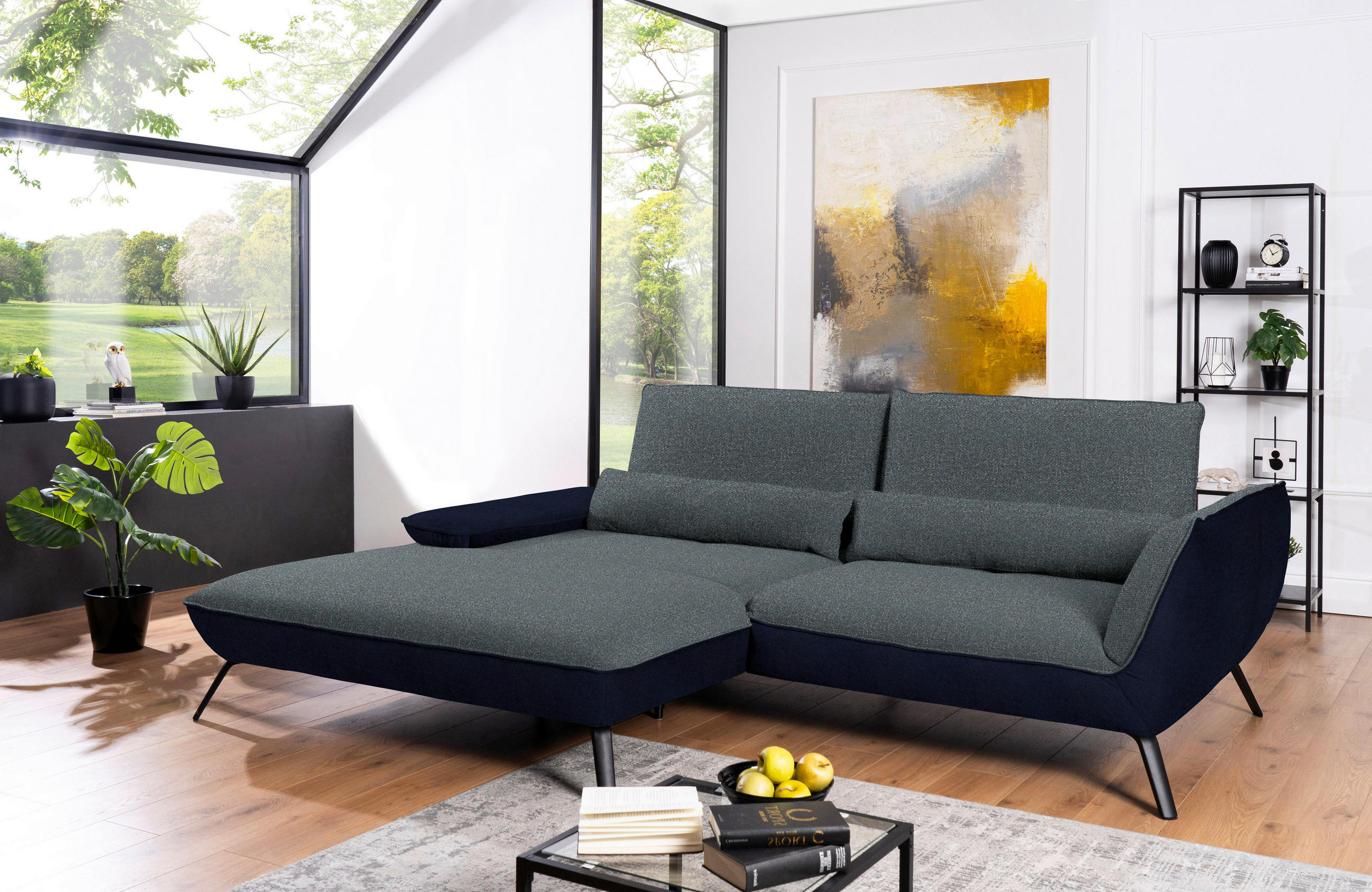 ECKSOFA in Flachgewebe Blaugrau  - Blaugrau/Schwarz, Design, Textil/Metall (191/273cm) - Moderano
